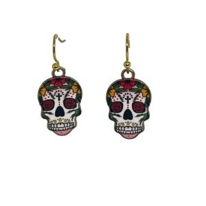 Sugar Skull Earrings Rose Eyes & Cross - Gold Plated Enamel - Hypoallergenic